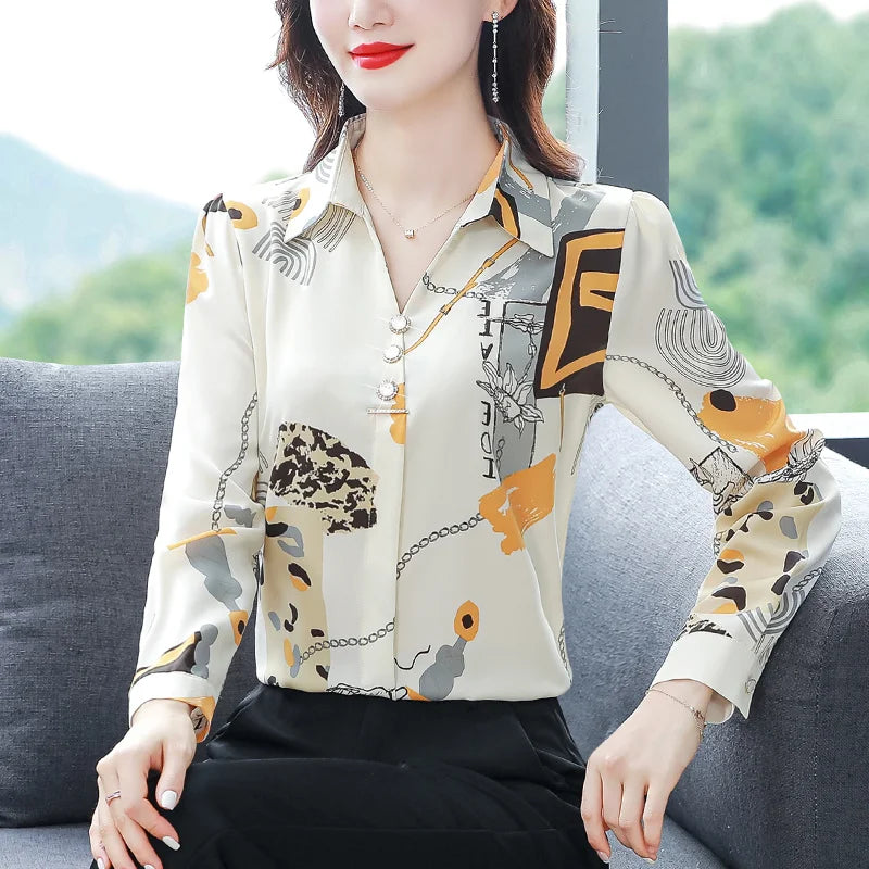 Spring Printed Chiffon Shirt – Women’s Slim Vintage Long-Sleeve Retro Blouse