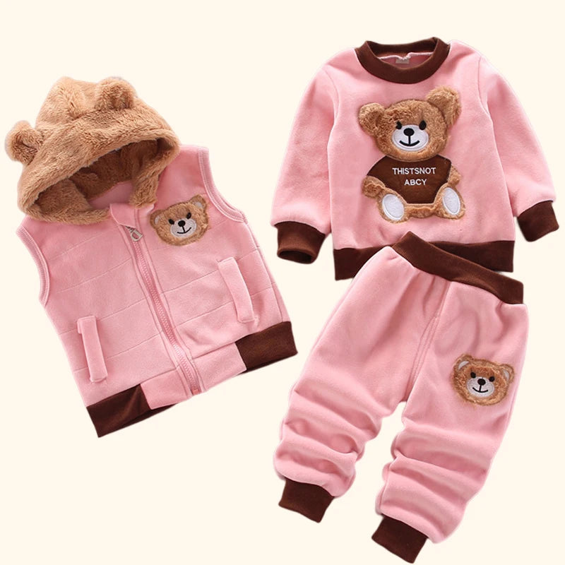 3Pcs Kids’ Warm Hooded Outfit Set – Thicken Winter Outerwear Three-Piece Clothing Set