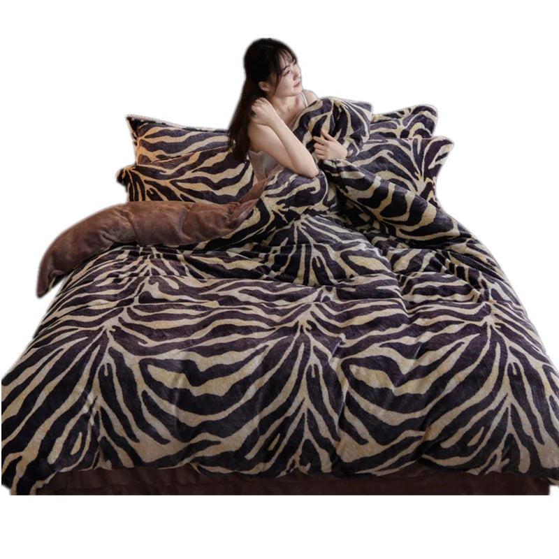 Coral Fleece Four-Piece Set Winter Thicken Thermal Double-Sided Flannel Bed Sheet Leopard Quilt Cover Milk Fiber Bedding