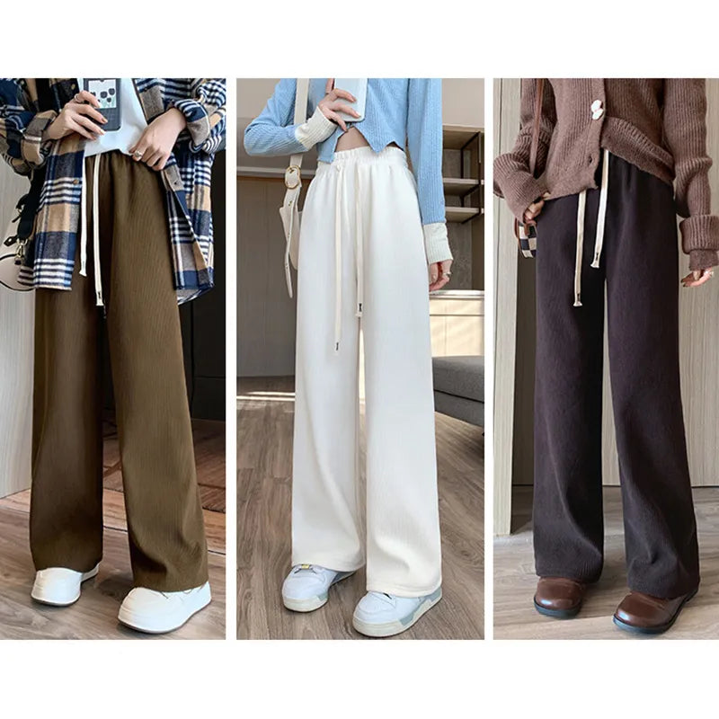 2024 Casual Women Long Thick Pants Autumn Winter High Waist Wide