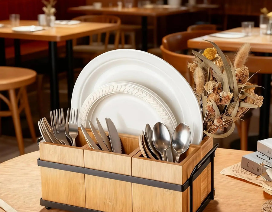 Wood Kitchen Utensil Holder with Metal Tray, Spoon & Fork Storage — product photo 1