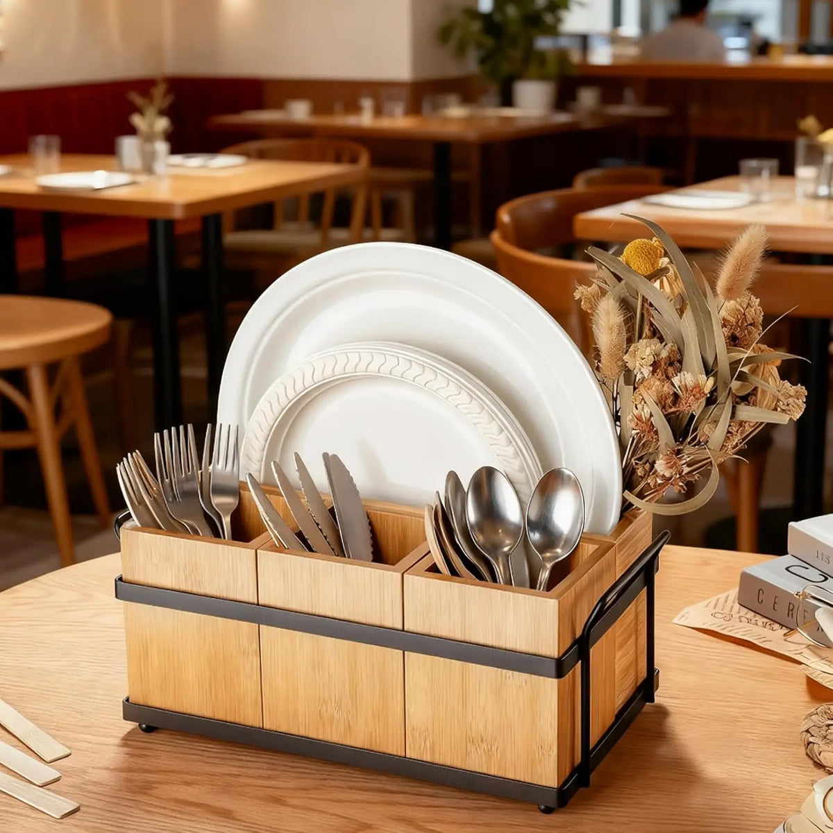 Wood Kitchen Utensil Holder with Metal Tray, Spoon & Fork Storage — product photo 1