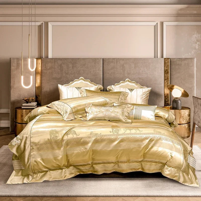 European-Style Yellow Satin Cotton Bedding Set – King & Full Size Jacquard Duvet Cove