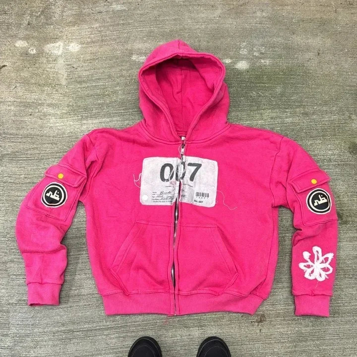 Y2k Zip Up Hoodies Women Street Hip Hop Retro Fashion high quality Embroidery Washing Long Sleeve Coats Loose Hooded Sweatshirt