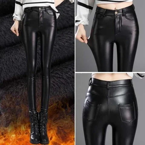 Leather Plush Thickened High Waist Elastic Korean Size Pu Pants Women's Small Korean Fashion