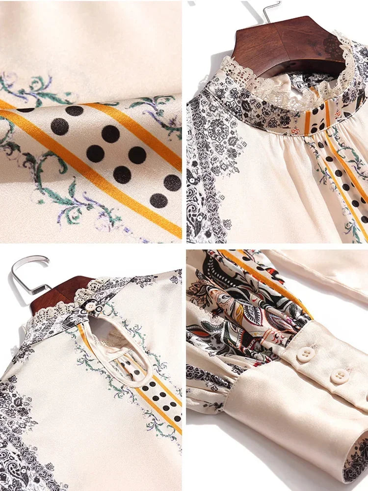 2024 New Shirt Women Spring and Autumn Design Sense French Vintage Shirt Satin Printed Top Trend Fashion Luxury