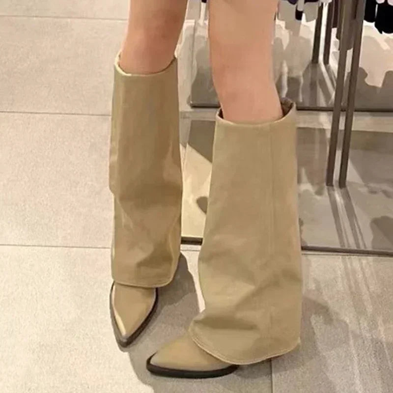 Knee-High Heeled Boots — Leather-Look Chunky Pointed-Toe Long Boots — view 8 of boots