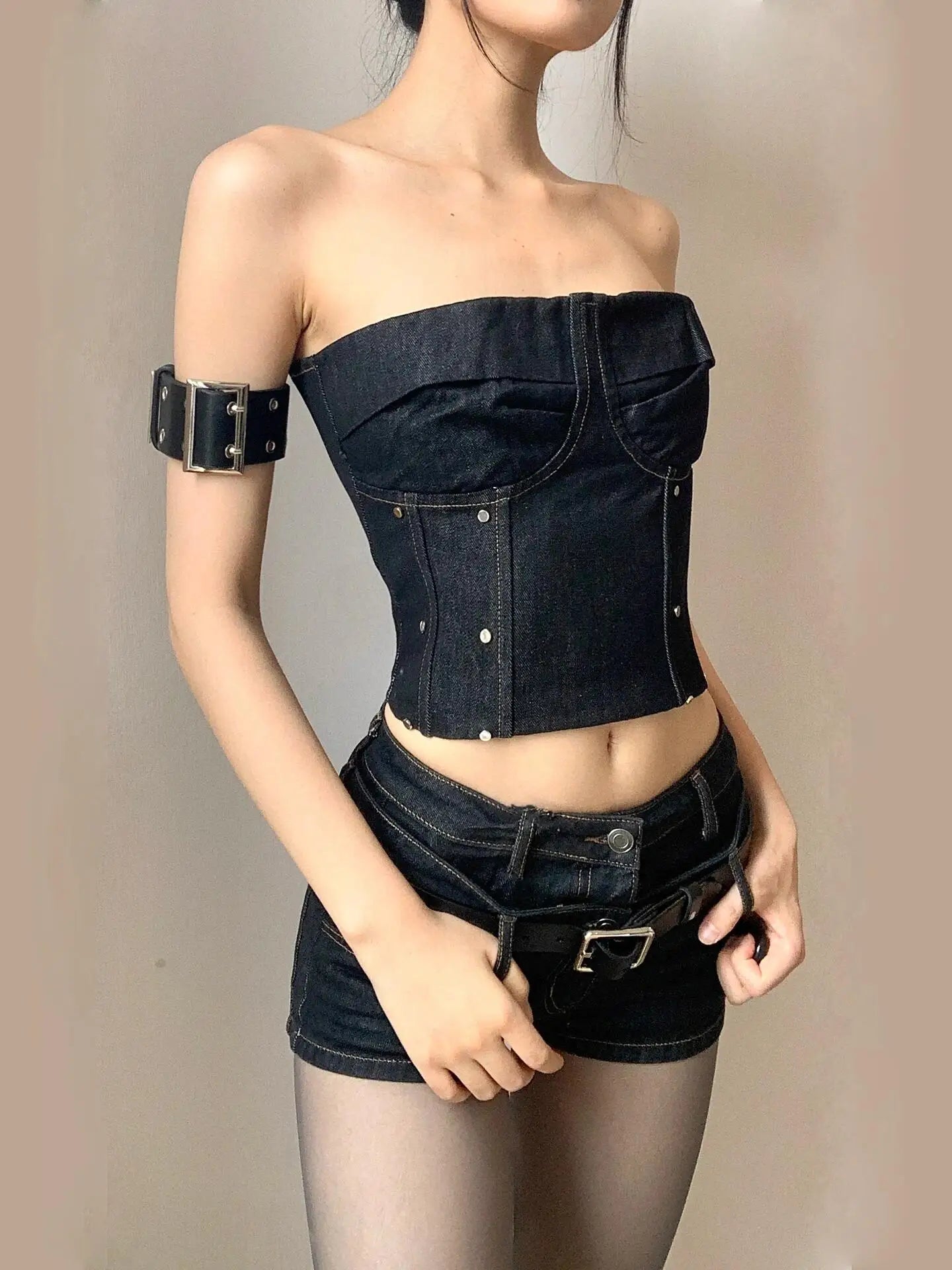 RORORIRI Steampunk Studded Corset Top Denim Shorts Women 2-piece Set Low Rise Short Pants Spliced Tube Top Retro Y2k Streetwear