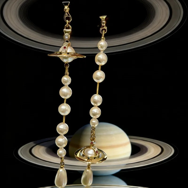 Pearl Saturn Earrings S925 Silver — Queen Retro Inverted European Drop Style — view 5 of earrings