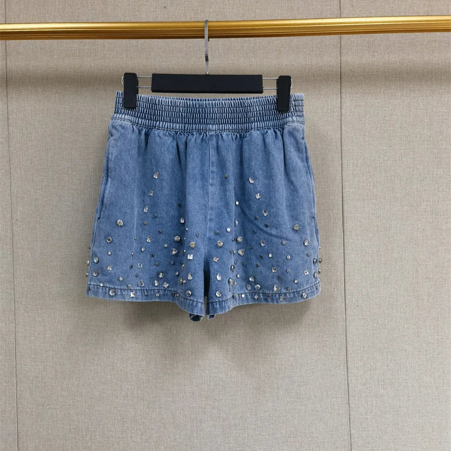 Set For Women 2024 New Summer Spring Diamond Design Turn Down Collar Casual Denim Shirt and High Waist Shorts