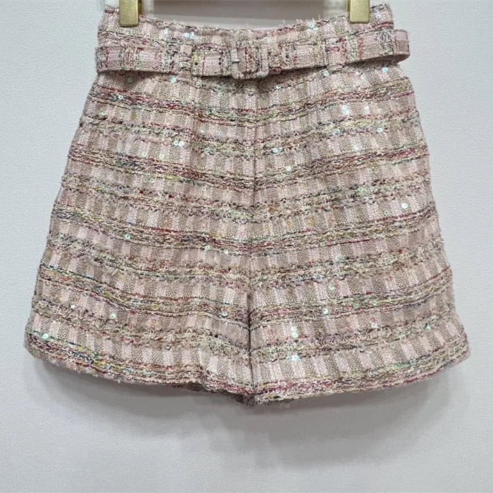 Female Tweed Shorts with Belt Autumn 2023 Women's Sequin High Waist Fashion Zipper Shorts