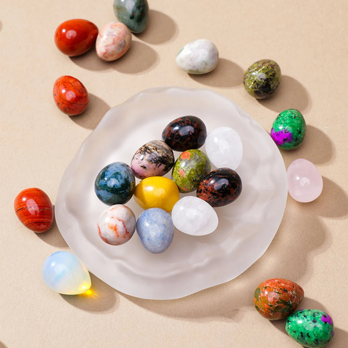 Crystal & Gemstone Mini Egg Stones Set — 5/7/10pc Polished Reiki Healing Gems Home Decor — view 1 of crystal & gemstone