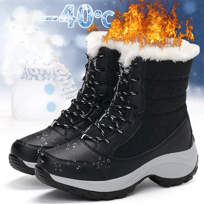 Women's Waterproof Heeled Winter Boots — Trendy Platform Ankle Boots with Plush Lining — view 2 of boots