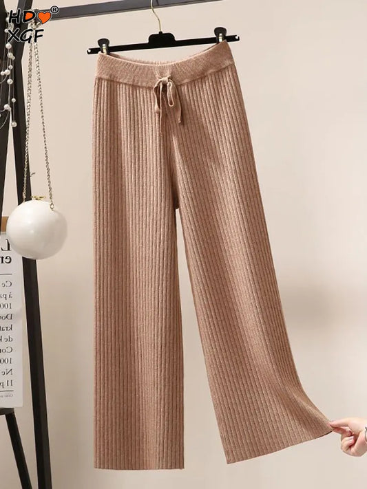 High-waist Drape Wide-leg Pants Autumn Winter Loose Knit Straight-leg Baggy Pants Korean Fashion