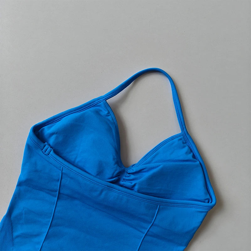 Longline Strappy Yoga Tank &mdash; Seamless Ruched Backless Gym Vest with Built-In Bra — view 2 of sports bras