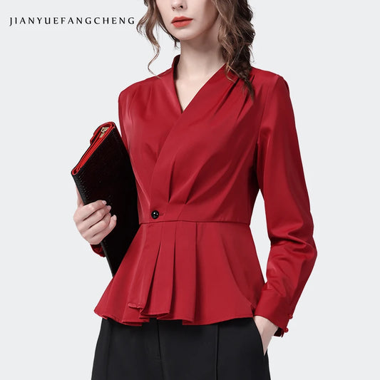 Office Ladies Red Satin Shirt Long Sleeve V-Neck Elegant Skinny Cinch Waist Top Fashion Female Formal Working Blouses