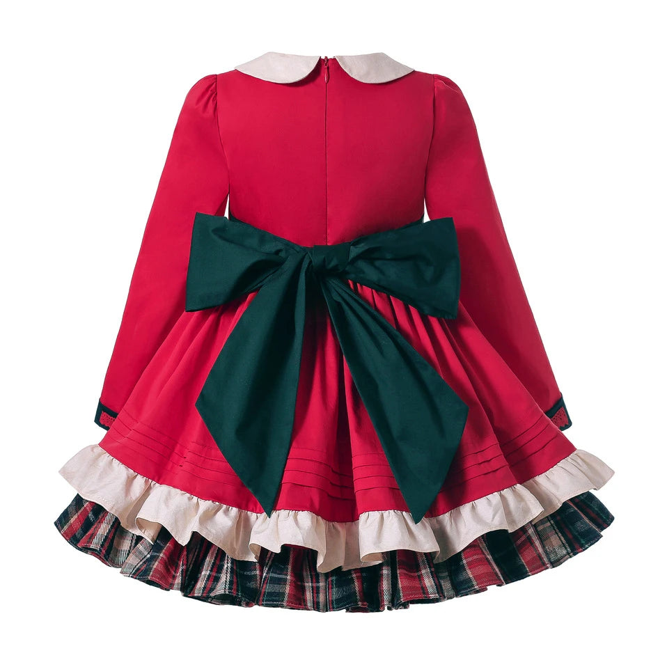 Pettigirl Girls Red Cute Retro Style Doll collar Long Sleeve Embroidered Christmas Dress with Headband