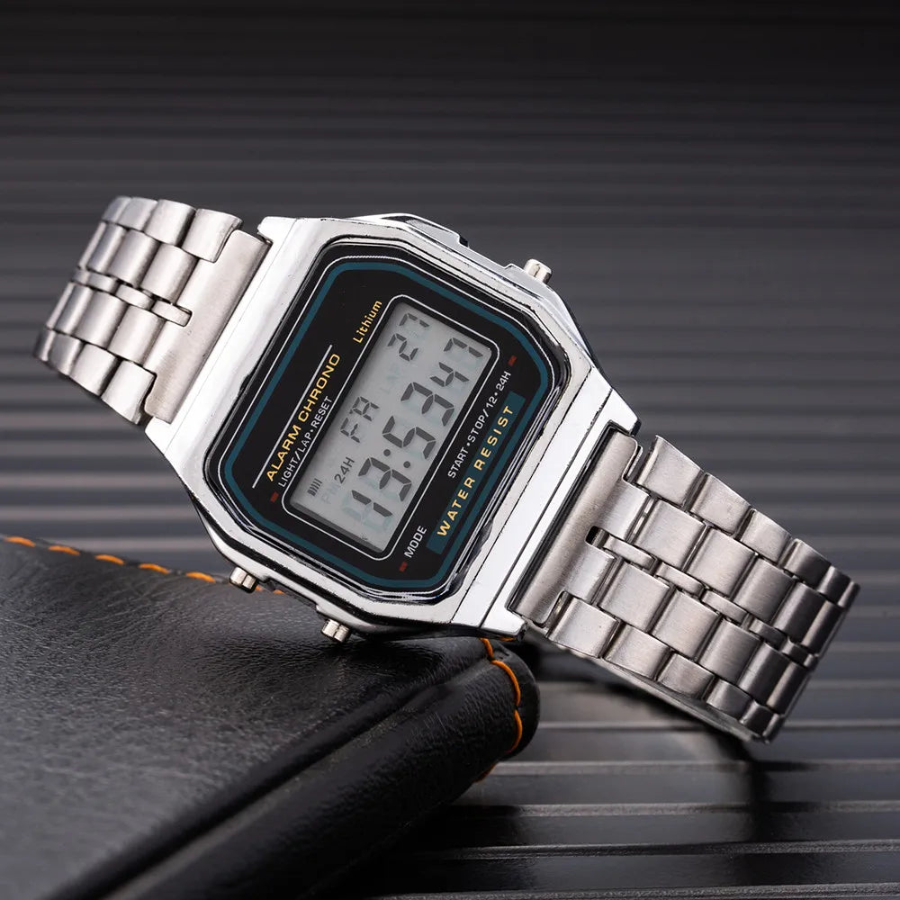 Men's digital LED multifunction sports watch with gold stainless steel bracelet — view 3