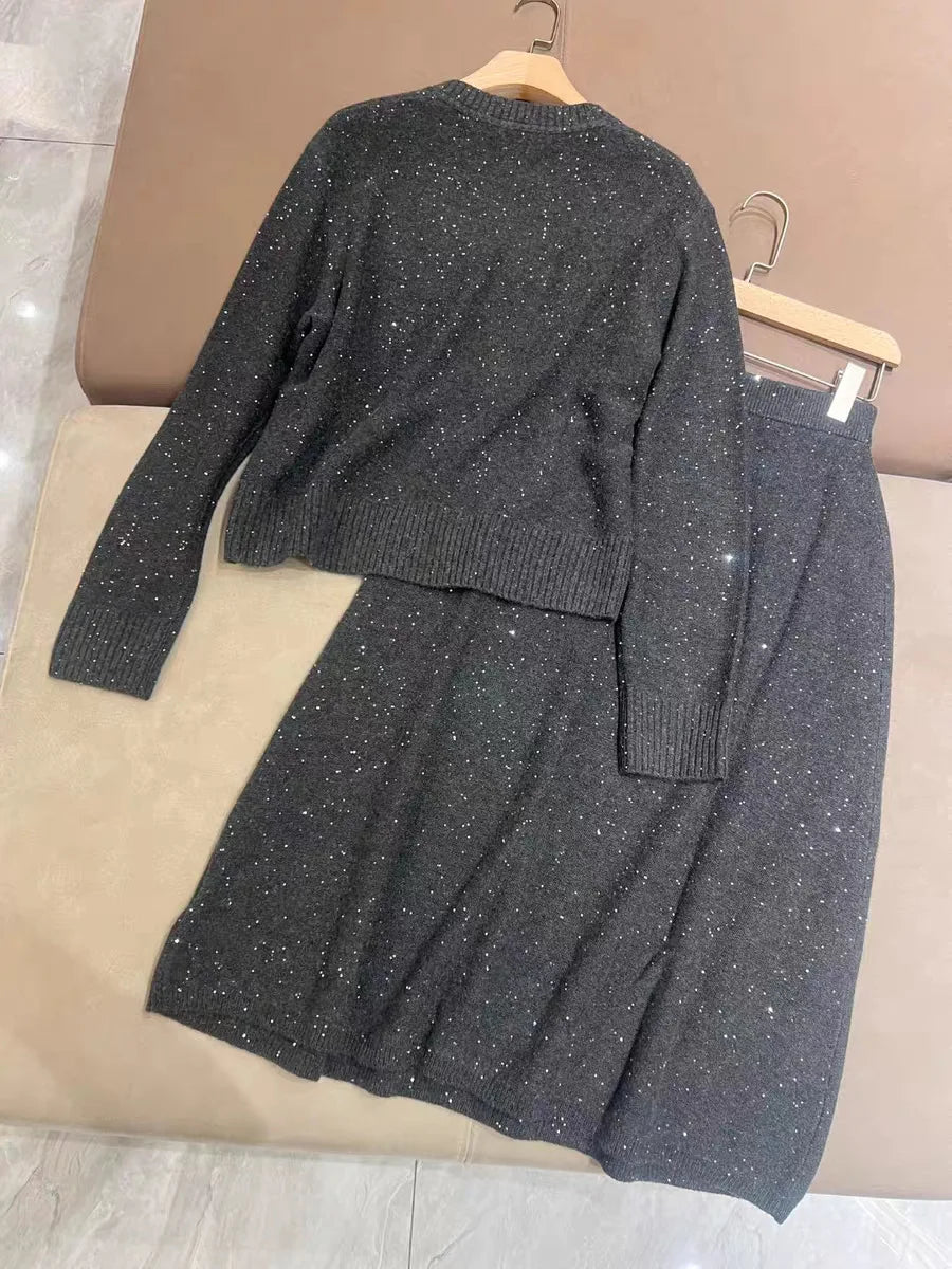 Women Sequin Cashmere Knitted Set A-Line Elastic Waist Midi Skirt or O-Neck Long Sleeve Sweater Elegant Autumn Winter Suit