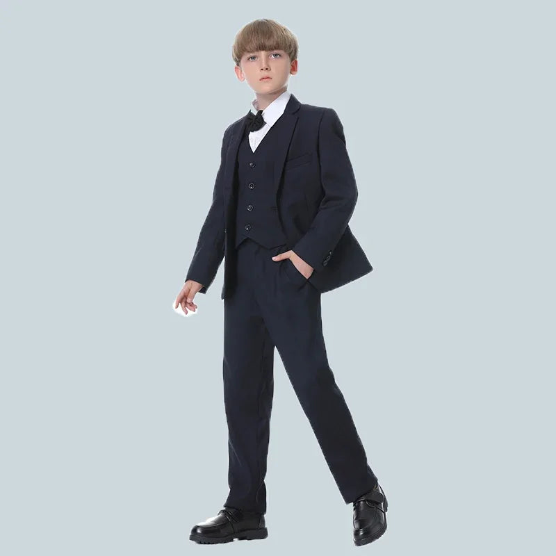 Spring Autumn Formal Boys Suits for Weddings Children Party Host Costume 3Pcs Blue Blazer Vest Pants Wholesale Clothing