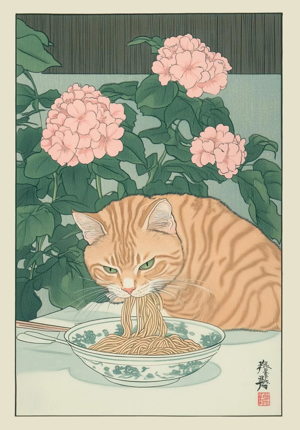 Japanese Tabby Cat in Bathtub Canvas Poster &mdash; Retro Japandi Wall Art for Bathroom &amp; Home — view 14 of wall art & prints