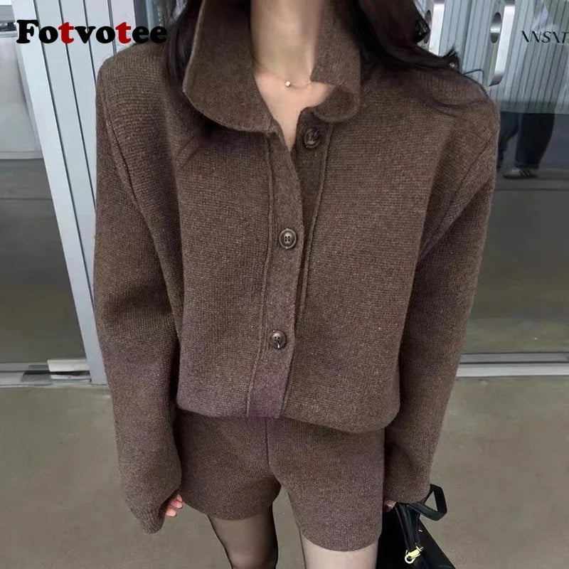 FOTVOTEE Fashion Knitted Suits for Women Lapel Single Breasted Cardigan High Waist Shorts Fall Winter New Elegant 2 Piece Sets