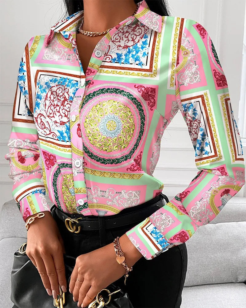 Women casual office printed shirt spring and autumn fashionable button up long sleeved shirt elegant splicing slim fit top women