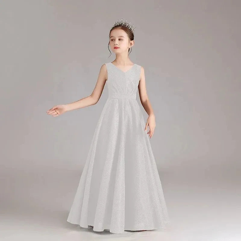 Elegant Black Blue Red Long Teen Kids Evening Gown For Girls Child Costume V neck Wedding Prom Dress 12 14 Years Party Clothes