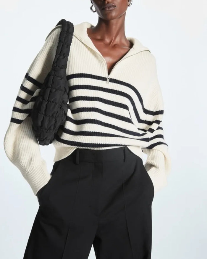 Women's Turtleneck Loose Lapel Striped Knitwear Women Pulovers New Simplicity Half Zipper 2023 — view 1 of women's clothing
