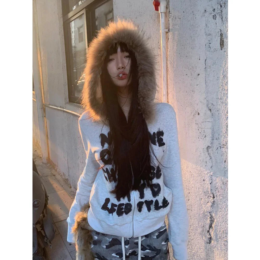 Y2k Fur Collar Hoodies Women Vintage Spring Autumn Zipper Sweatshirts Retro Gray Slim Letter Print Long Sleeve Cardigan Coat