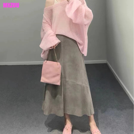 Purple/Gray Leather Skirts for Women Autumn High Waist Sheepskin Suede Simple Slim Show Tall Big Hem Umbrella Skirt Falda Larga