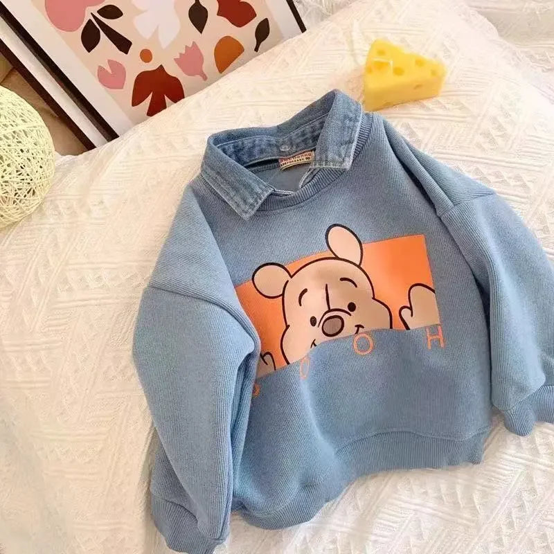 Winnie the Pooh Baby Boys Girls Long Sleeve Sweatshirt 2024 Autumn Children Clothing Cartoon Loose Lapel Pullover Base Shirt Top