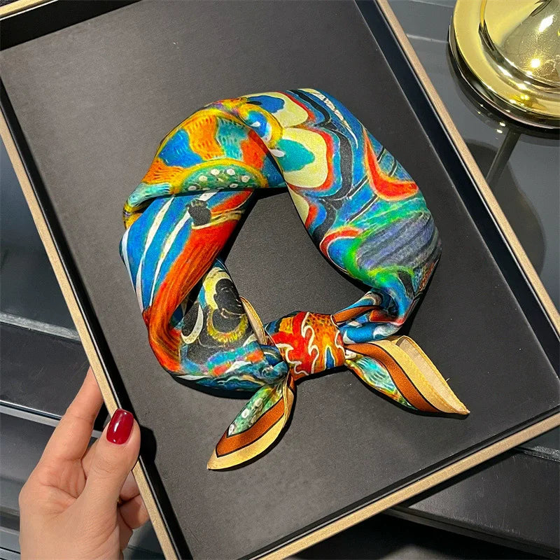 Silk Scarf Small Square 2026 Pashmina — 53×53cm Geometric Trending Palette Bandana Hair Scarf