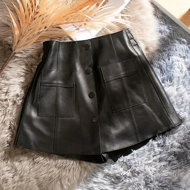 Genuine Leather Shorts Women 2024 Real Sheepskin Short Pants for Women High Waist Shorts Women Leopard Print Flare Short Femmes