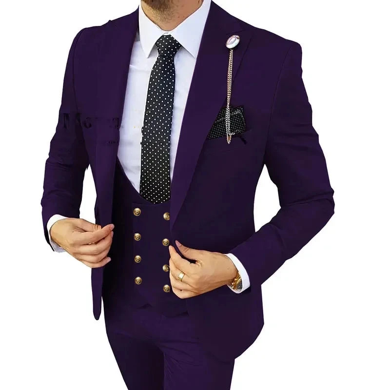 2025 Men’s Slim Fit 3-Piece Suit – Solid Color Business Wedding Set with Blazer, Pants, and Vest