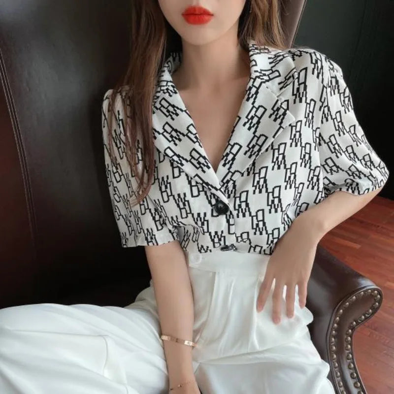 Korean Style Vintage Loose Chiffon Shirt – Notched Collar, Letter Print, Button-Up Short Sleeve