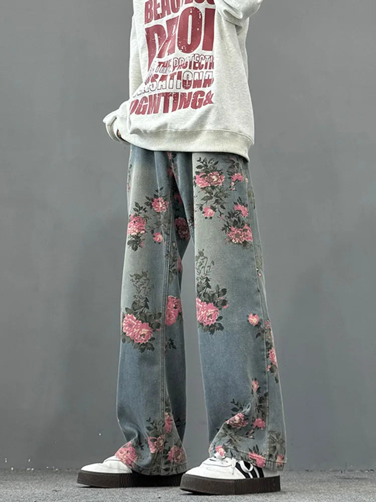 Floral-Print Wide-Leg Jeans — Mid-Rise Summer Straight-Leg Floor-Length Denim — detail view