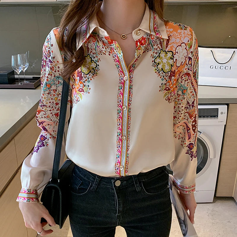 Fashion flower print shirts for ladies New elegant Women's Blouses 2024 Spring Summer Long Sleeve Button-Down Tops blusa mujer