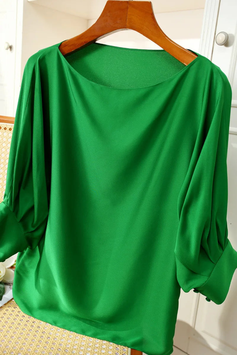 BirdTree, 93%Real Silk OL Enthusiastic Shirt, Women's Slash Neck 3/4 Sleeve, Loose Satin Blouse, 2024 Spring Summer Top T45395QM