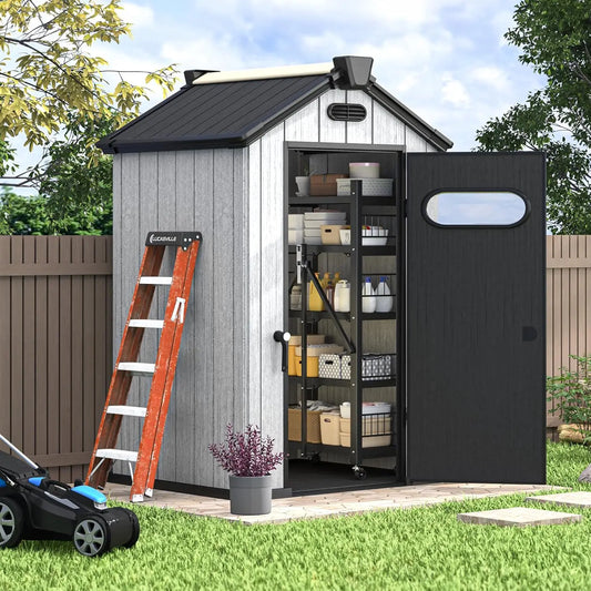 Udpatio 4X4 Ft Resin Storage Shed, Weather-Resistant Outdoor Storage Solution Featuring A Floor, Air Vents, Windows, Skylights,