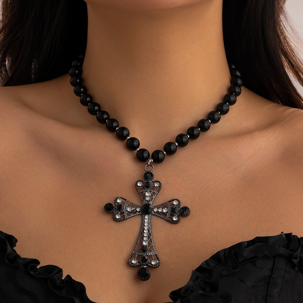 Pearl & Goth Cross Pendant Choker Necklace — Imitation Pearl Y2K Statement — view 10 of necklaces