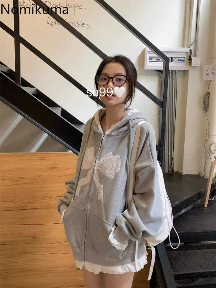 Gray Fashion Hoodie Women's Clothing Embroidery Bow Hooded Zipper Hooded Jackets Streetwear Casual Y2k Sweatshirts Ropa Mujer