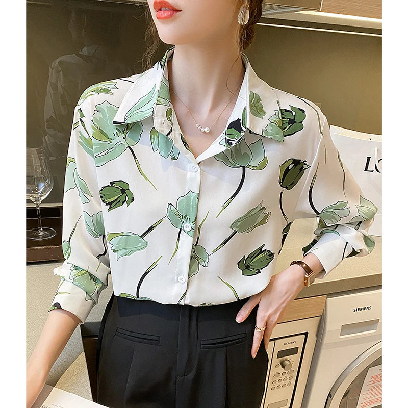 Women Spring Korean Loose Vintage Printing Chiffon Turn-down Collar Long Sleeve Shirts Women Clothes Casual Appear Thin Tops