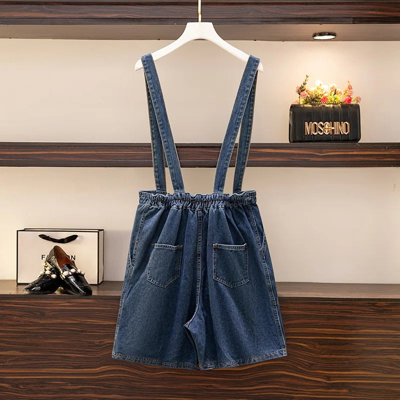 New 2023 Summer Plus Size Rompers For Women Large Overalls Loose Blue Cotton Button Denim One piece shorts 3XL 4XL 5XL 6XL 7XL