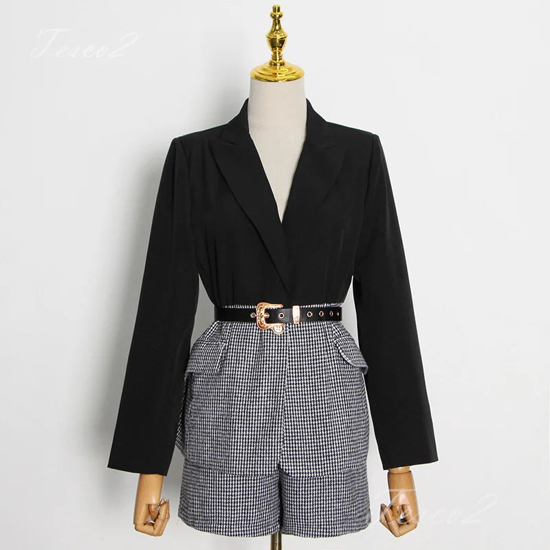 Tesco Elegant Black Women's Suit Set Patchwork Blazer+Short Pants For Party Outfits Plaid Jacket With Belt Female Pantsuit 2PCS