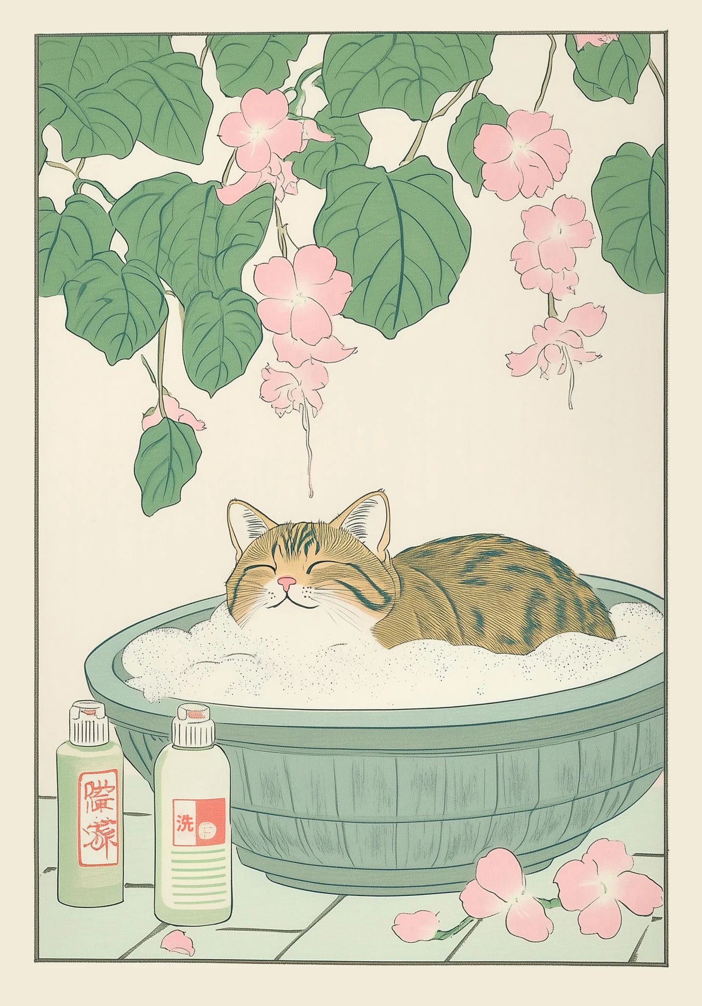 Japanese Tabby Cat in Bathtub Canvas Poster &mdash; Retro Japandi Wall Art for Bathroom &amp; Home — view 13 of wall art & prints