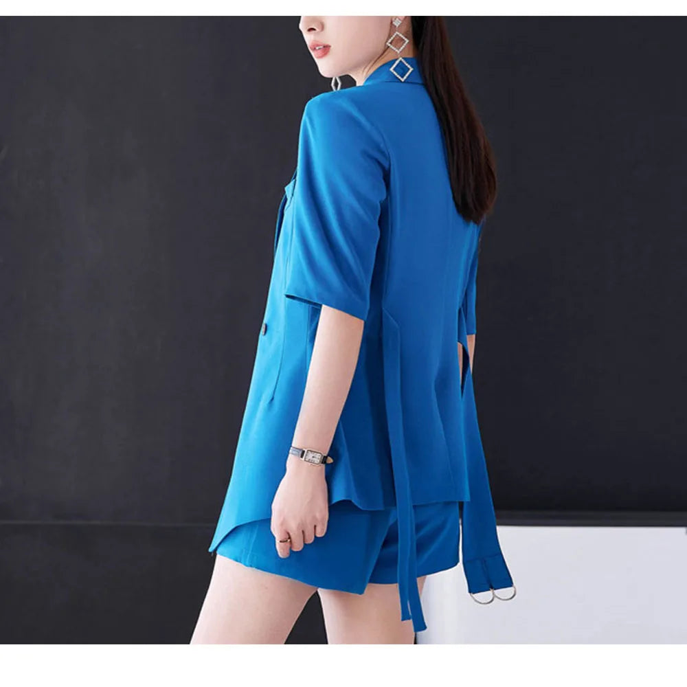 Tesco Spring Summer Short Pants Sets For Women Short Sleeve Jacket With Belt Royal Blue Pantsuit 2 Piece For Business Suit