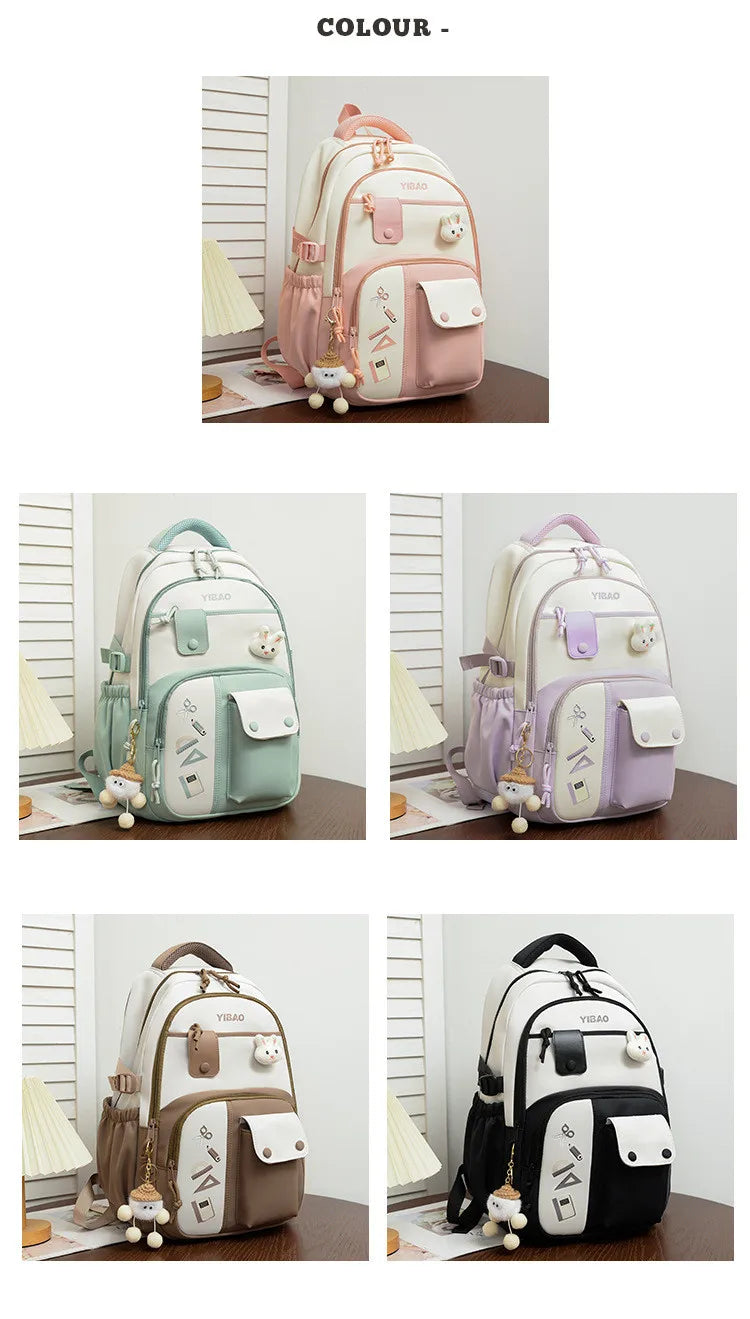 Cute rabbit children school backpack for teenage girls Fashionable splicing color contrast fresh lady knapsack kids schoolbags