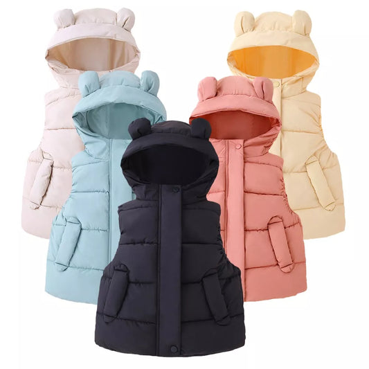 1-7Y Toddler Kids Hooded Waistcoats Solid Children Cotton Padded Warm Vests Baby Boys Girls Sleeveless