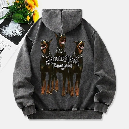 Doberman Pinscher Washed Hoodies Women 3 Dogs Printing Cotton Streetwear Oversize Pocket Warm Pullovers Winter Womans Clothes